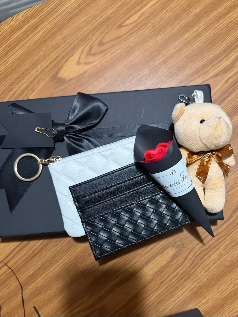 Black Quilted and Woven Card Holder with Keyring, coin pouch, and bag charm